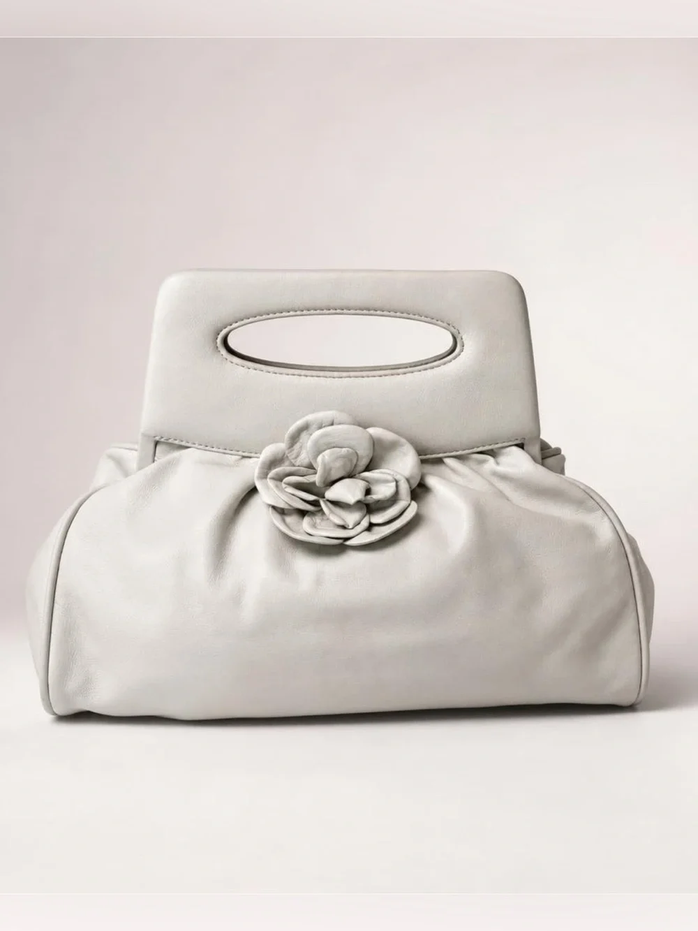 CHANEL lambskin top handle clutch, ivory-grey, leather Camelia accent,11x12, EUC